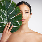 A beautiful mixed race woman posing with a plant. Young hispanic using an organic detox treatment against a grey copyspace background