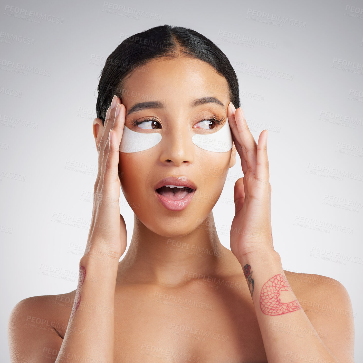 Buy stock photo Studio, skincare or woman with eye mask, thinking and wow for hydration on white background. Cosmetic, person and collagen patches for glow with surprise, beauty benefits and facial treatment results