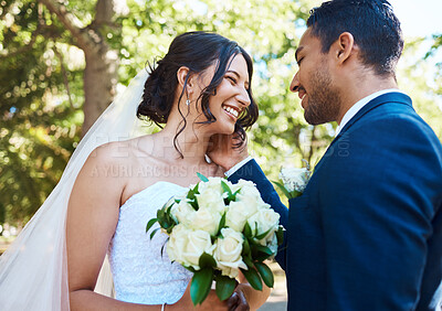 Buy stock photo Wedding, smile or couple in park with bouquet, partnership or romantic moment in union ceremony. People, bride or groom outdoor with connection, companion or emotional bond in marriage celebration.