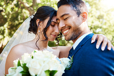 Buy stock photo Wedding, forehead touch or couple outdoor with smile, trust or romantic moment in union ceremony. People, bride or groom in nature with connection, companion or emotional bond in marriage celebration