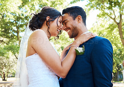 Buy stock photo Wedding, forehead touch or couple in park with smile, trust or romantic moment in union ceremony. People, bride or groom outdoor with connection, companion or emotional bond in marriage celebration.