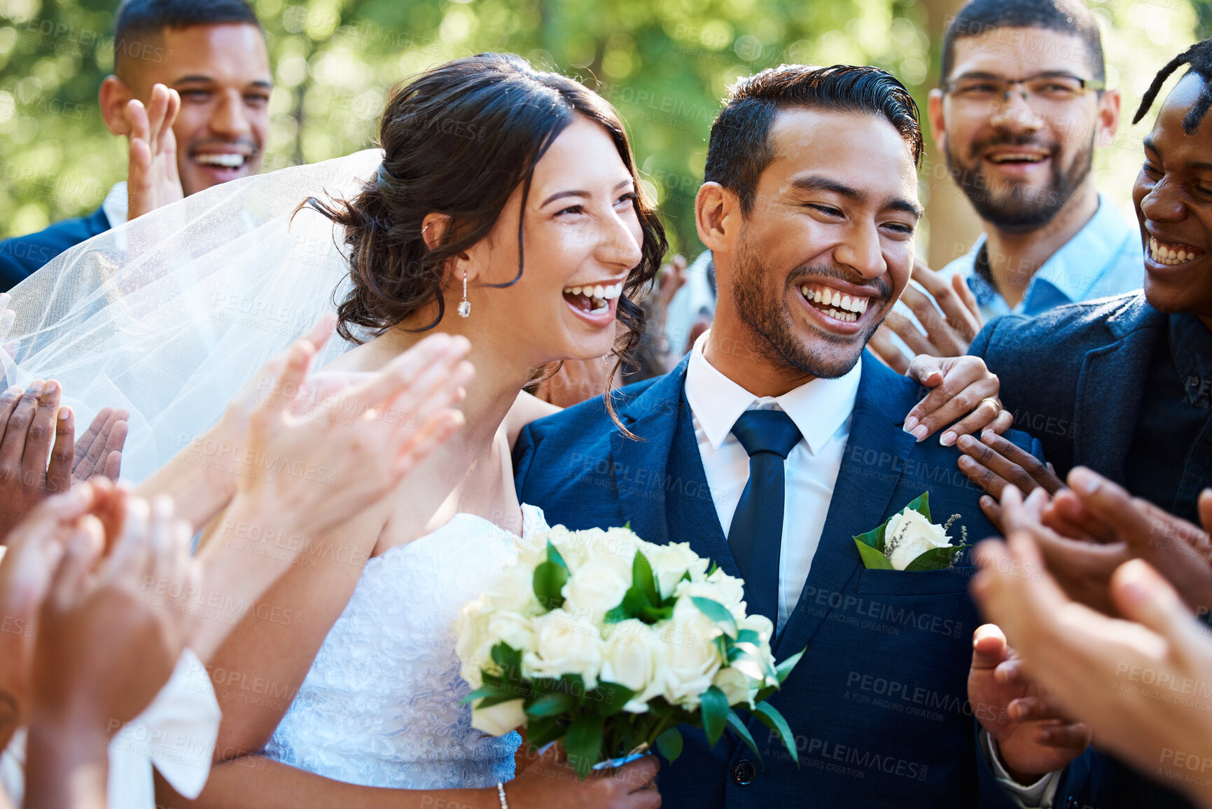 Buy stock photo Happy, couple and applause at wedding event for love, celebration and commitment ceremony. Newlywed, bride and groom with guest cheering, congratulations and marriage tradition for special occasion