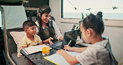 Buy stock photo Laptop, mother or children with notebook in caravan, writing study notes or elearning for family trip. Transport, woman or kids with homework support for education, research or pc for holiday project