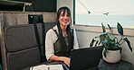 Laptop, caravan and portrait of woman with research for remote work with creative project on trip. Computer, travel and magazine editor with freelance article for publishing in vehicle for holiday.