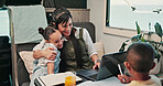 Laptop, mom and children in camper van for nomad living, travel and bonding in mobile home. Family, hug and mother with kids in vehicle for online videos, movies and relax on vacation or journey 