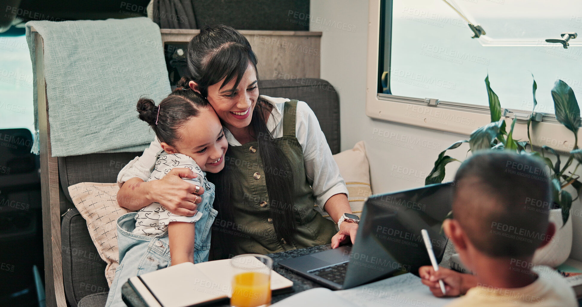Buy stock photo Laptop, mom and children in camper van for nomad living, travel and bonding in mobile home. Family, hug and mother with kids in vehicle for online videos, movies and relax on vacation or journey 