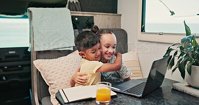 Buy stock photo Hug, laptop and children in camper van for online videos, movies and entertainment on road trip. Family, happy and kids on computer embrace for internet, bonding and relax on vacation in mobile home