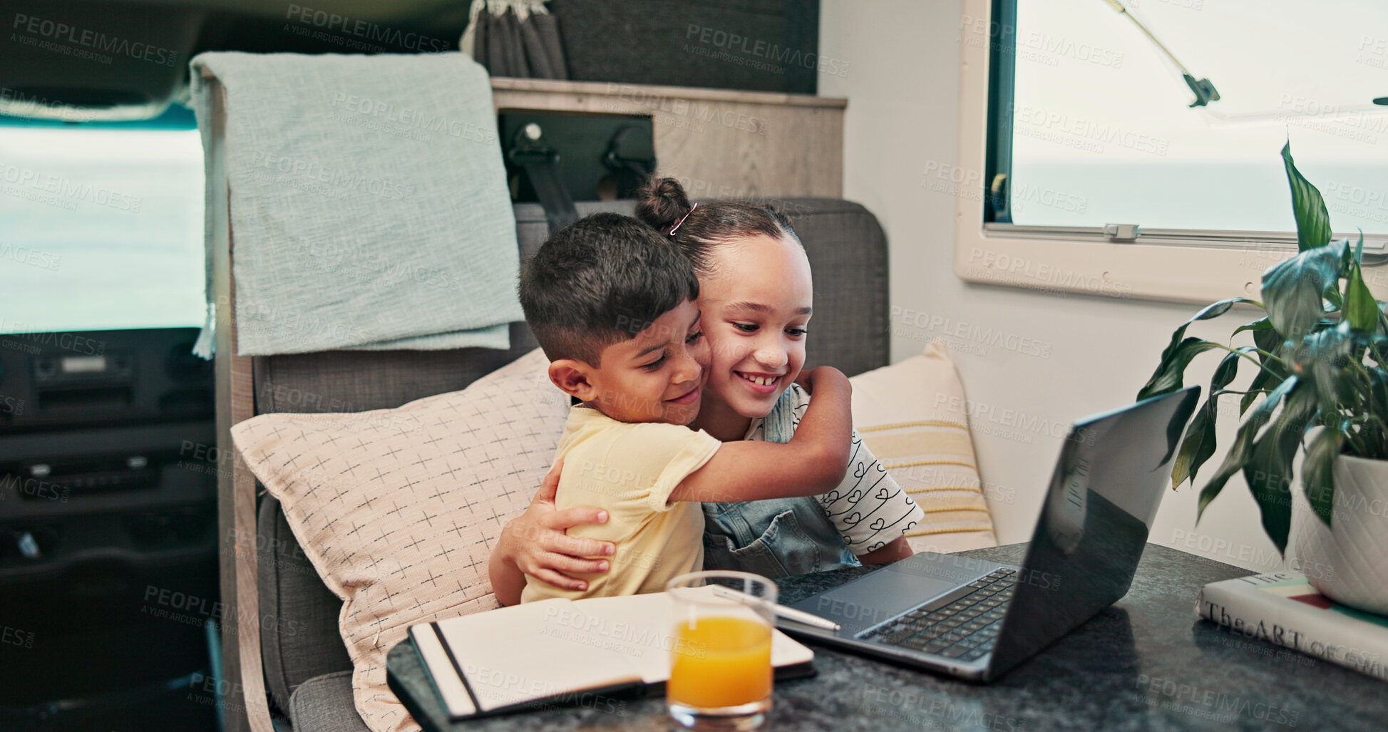 Buy stock photo Hug, laptop and children in camper van for online videos, movies and entertainment on road trip. Family, happy and kids on computer embrace for internet, bonding and relax on vacation in mobile home