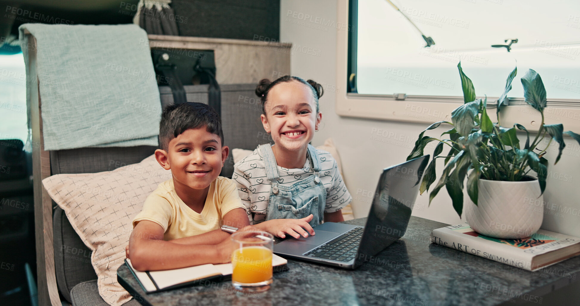 Buy stock photo Portrait, laptop and children in camper van for online videos, movies and entertainment on road trip. Family, happy and kids on computer for internet, bonding and relax on vacation in mobile home