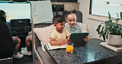 Buy stock photo Happy, tablet and children in camper van for online videos, movies and entertainment on road trip. Family, siblings and kids on digital tech for internet, bonding and relax on vacation in mobile home