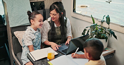 Buy stock photo Laptop, mom and children in camper van for nomad living, travel and homework in mobile home. Family, homeschool and mother with kids in vehicle for online learning, videos and education on trip