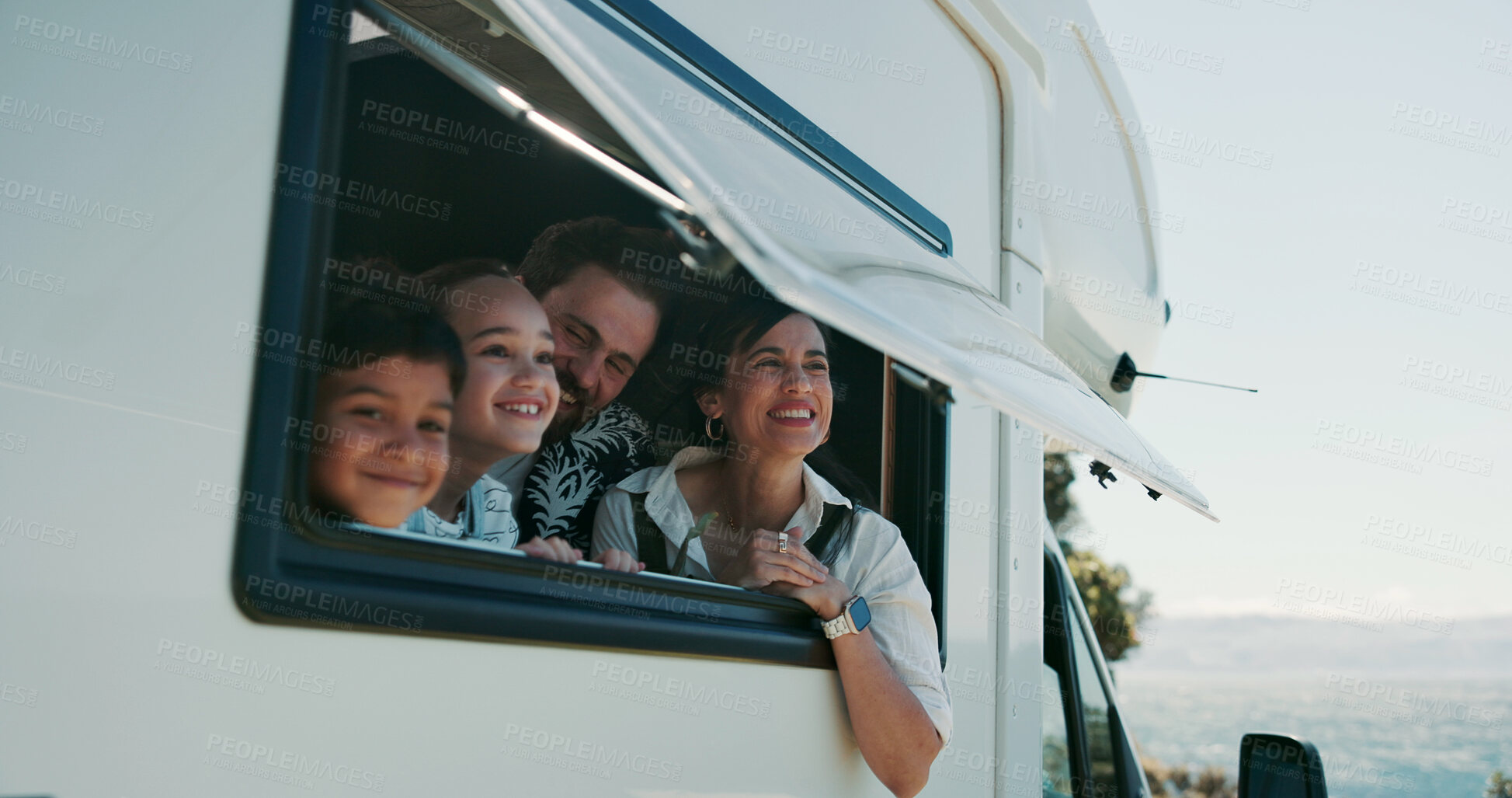 Buy stock photo Parents, kids and road trip in camper van with window, scenic view or bonding for summer holiday. Family, children and people smile in caravan with sightseeing, portrait or outdoor vacation together.