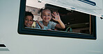 Portrait, children and wave in camper van with window, travel adventure and siblings bonding for holiday. Family, girl and boy smile in caravan with greeting, road trip journey and vacation together.