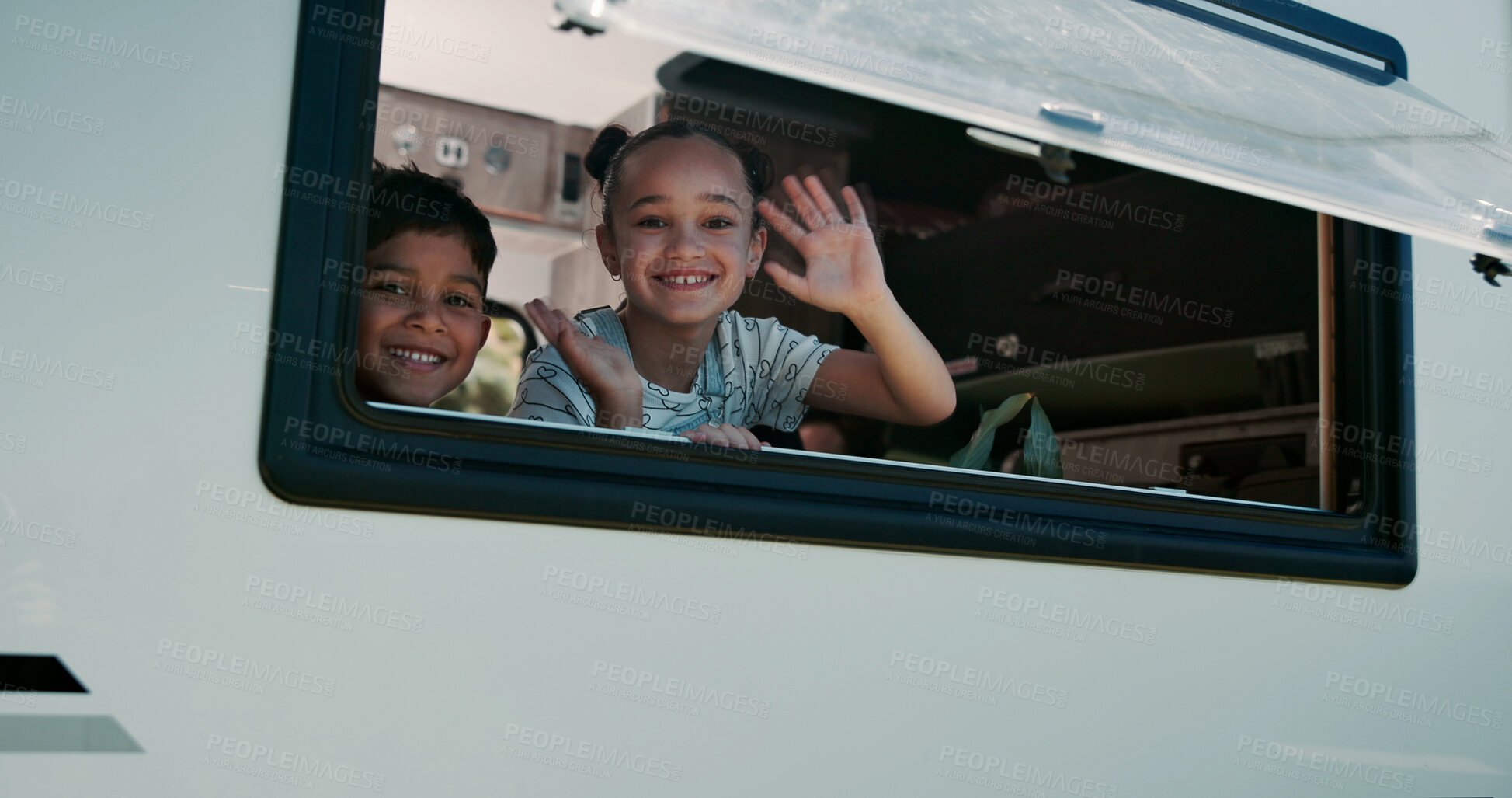Buy stock photo Portrait, children and wave in camper van with window, travel adventure and siblings bonding for holiday. Family, girl and boy smile in caravan with greeting, road trip journey and vacation together.