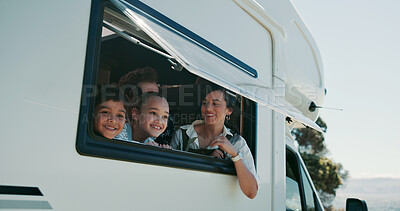 Buy stock photo Parents, kids and adventure in camper van with window, scenic view and bonding for summer holiday. Family, children and people smile in caravan with sightseeing, portrait and road trip for vacation.