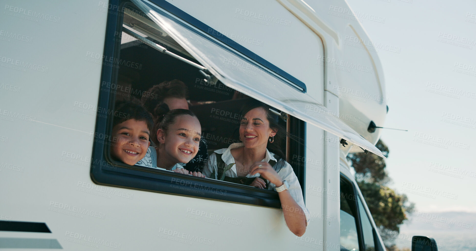 Buy stock photo Parents, kids and adventure in camper van with window, scenic view and bonding for summer holiday. Family, children and people smile in caravan with sightseeing, portrait and road trip for vacation.