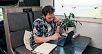 Remote work, phone call and man on laptop in camper van for tourist guide, copywriting and notes. Freelancer, vehicle and person on computer for submission, travel blog or talking for nomad living