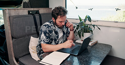 Buy stock photo Remote work, phone call and man on laptop in camper van for tourist guide, copywriting and notes. Freelancer, vehicle and person on computer for submission, travel blog or talking for nomad living