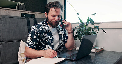 Buy stock photo Freelancer, phone call and man on laptop in camper van for tourist guide, copywriting and notes. Remote work, vehicle and person on computer for submission, travel blog or reminder for nomad living
