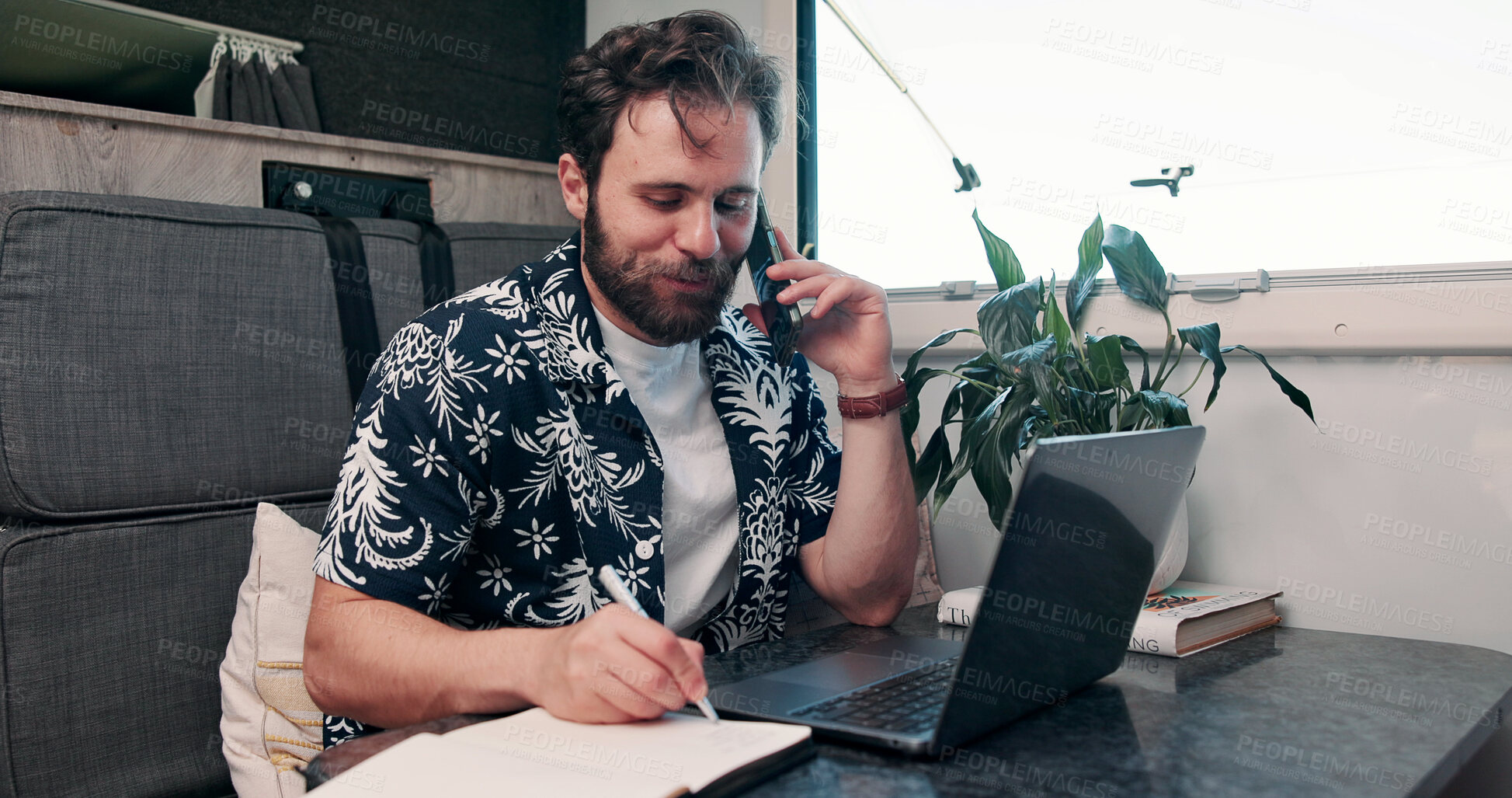 Buy stock photo Freelancer, phone call and man on laptop in camper van for tourist guide, copywriting and notes. Remote work, vehicle and person on computer for submission, travel blog or reminder for nomad living
