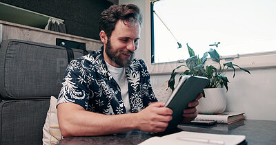 Buy stock photo Tablet, caravan and businessman with research for remote work with creative project on weekend trip. Technology, travel and male magazine editor with freelance article for publishing in vehicle.