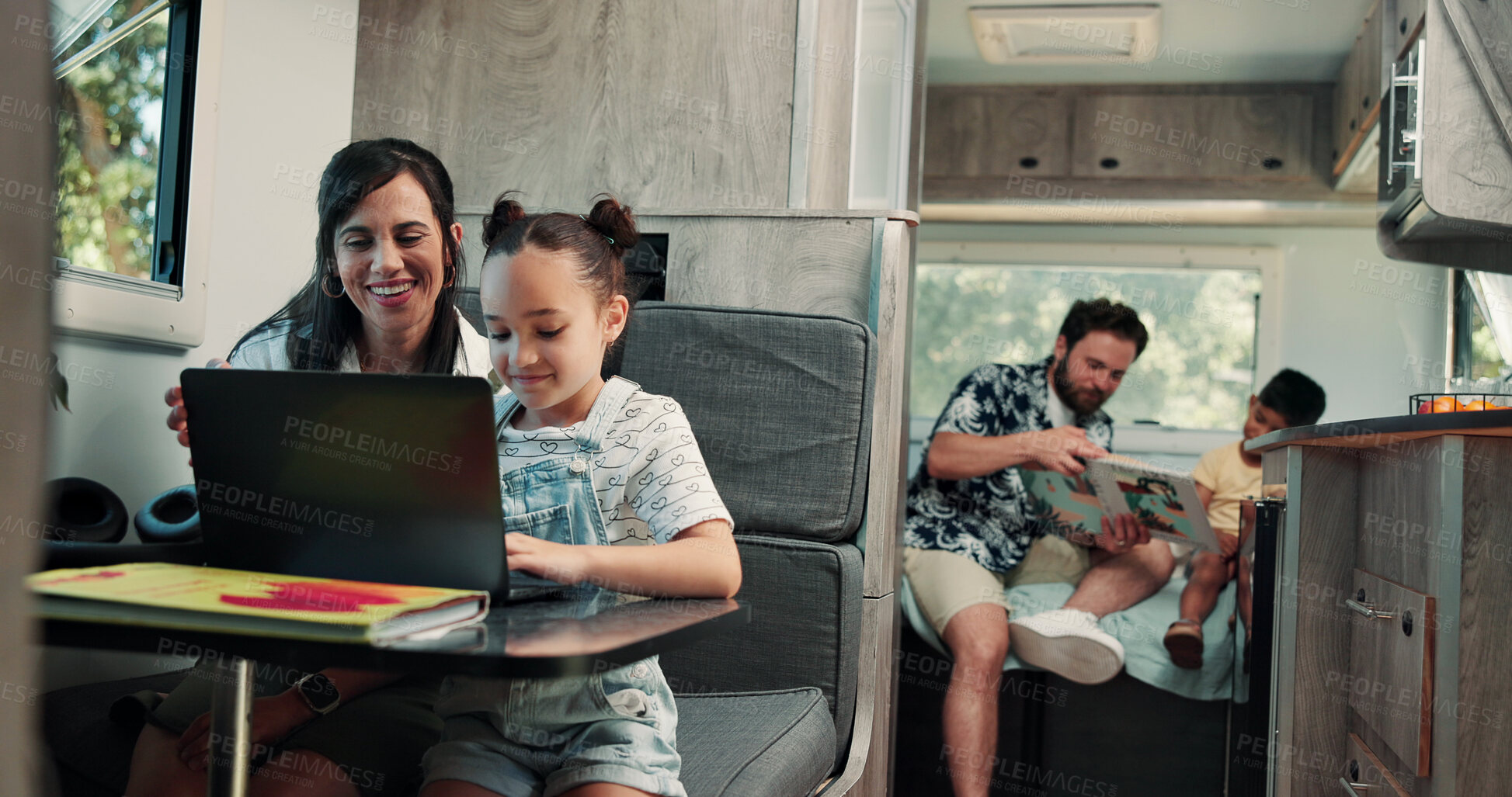 Buy stock photo Happy, mom and child on laptop in camper van for nomad living, travel and bonding in mobile home. Family, vehicle and mother with girl on computer for online videos, movies and relax on vacation