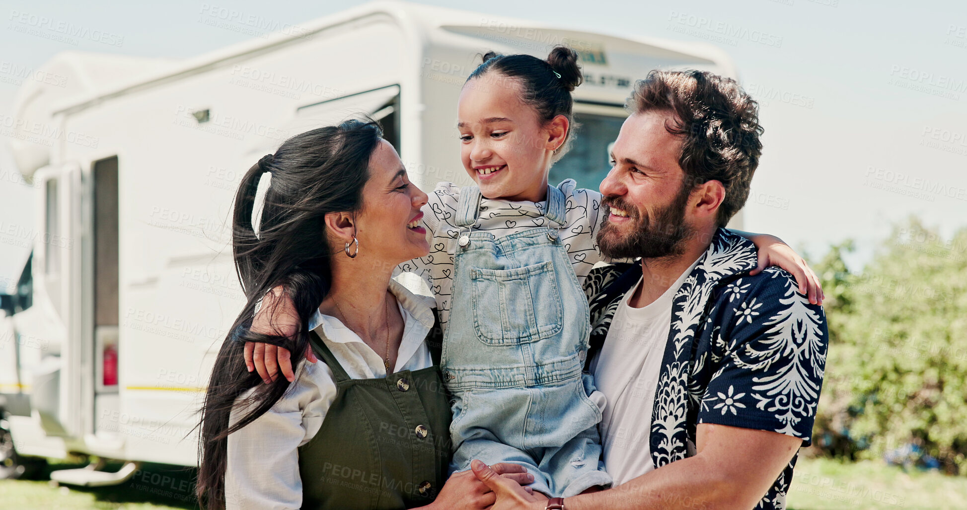 Buy stock photo Happy, parents and child with camper van for nomad living, travel and adventure together. Family, bonding and mom with dad, girl and vehicle for holiday, journey and road trip in mobile home 