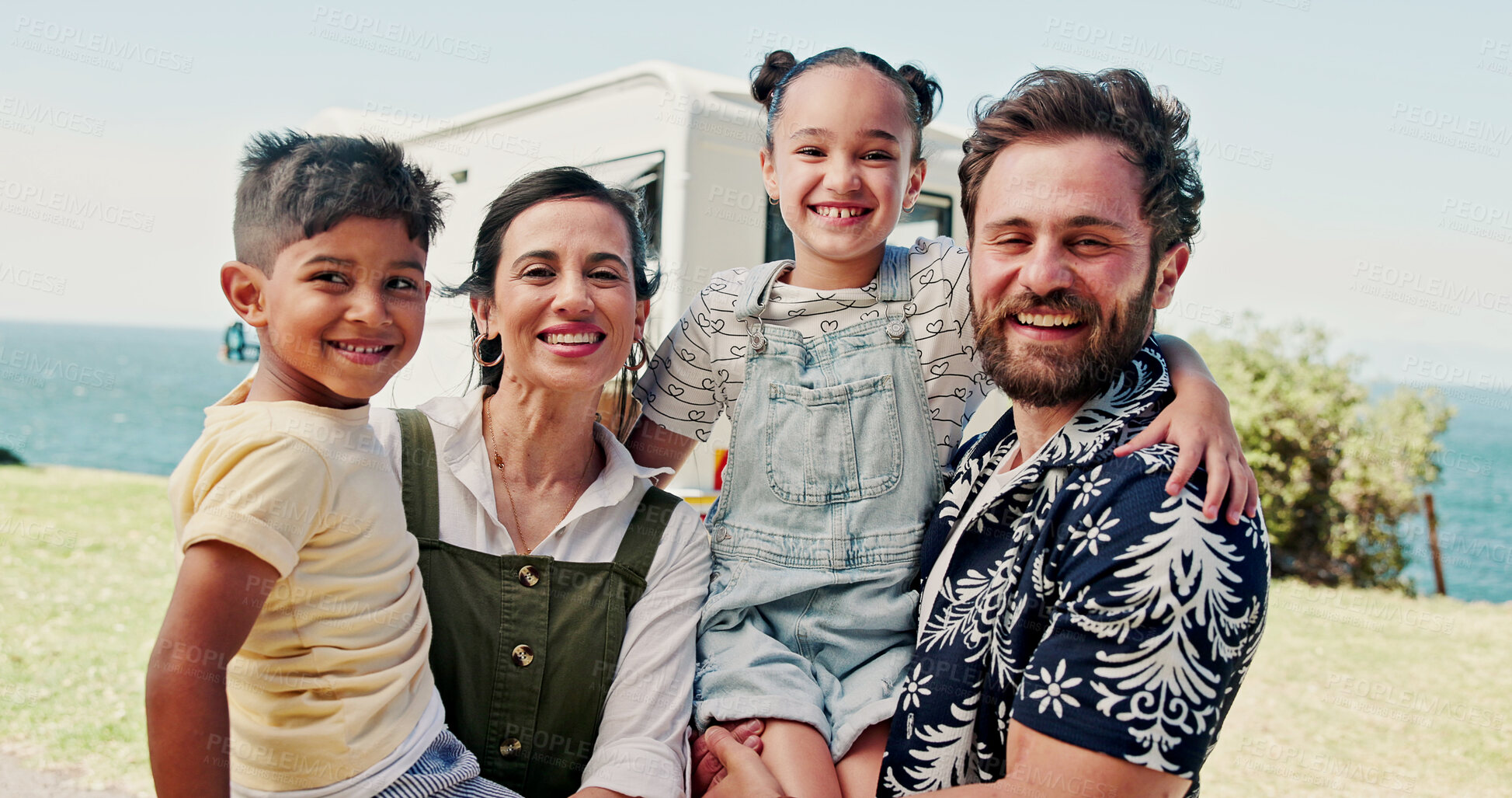 Buy stock photo Happy, portrait and parents with kid with camper van for nomad living, travel or adventure together. Family, outdoor and person with child by vehicle for holiday, journey or road trip in mobile home 