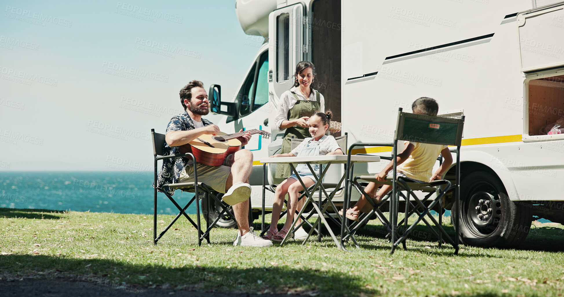Buy stock photo Happy, guitar and parents with children by camper van for nomad living, travel and adventure together. Music, outdoor and family with kids by vehicle for holiday, journey or road trip in mobile home 
