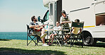 Happy, guitar and parents with kids by camper van for nomad living, travel and adventure together. Music, outdoor and family with children by vehicle for holiday, journey or road trip in mobile home 
