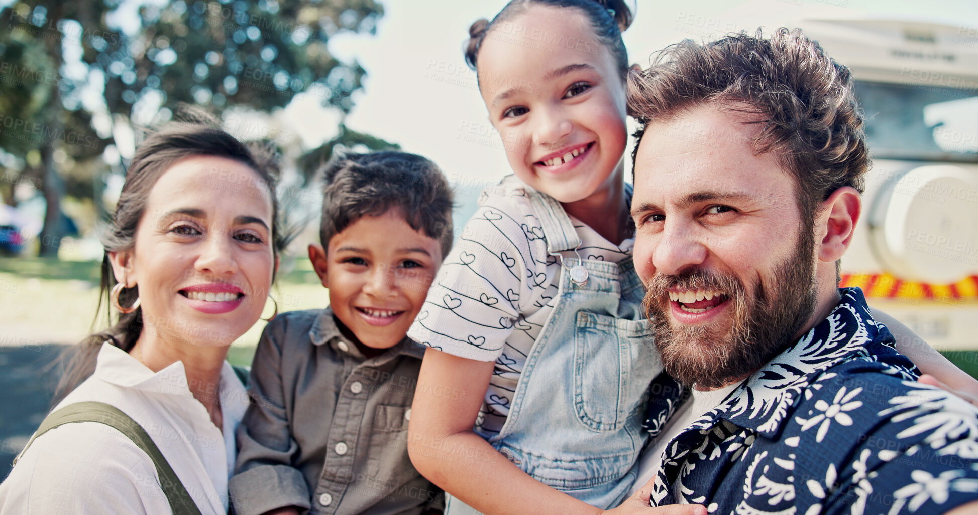 Buy stock photo Portrait, parents and kids outdoor with selfie, summer trip and social media post for travel adventure. Family, children and people smile with photography, bonding together or camper van for holiday.
