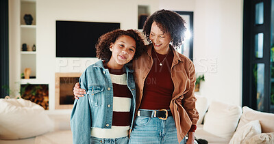 Buy stock photo Love, mom or girl in house with hug, childcare or bonding together on weekend break. Smile, portrait or African family with embrace, parent connection or happy moment in healthy relationship.