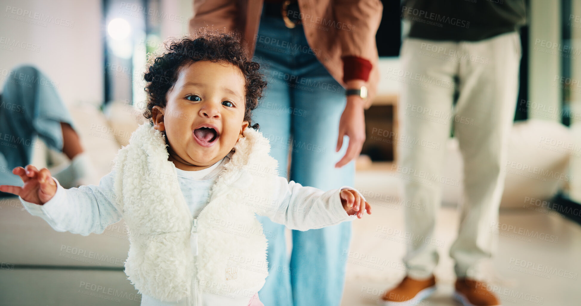 Buy stock photo Parents, walking or baby with portrait in house, child development or excited for motor skills practice. Family, infant or happy girl with learning balance in lounge, first steps or milestone support