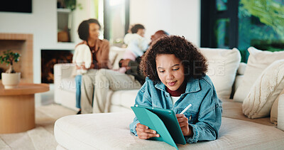 Buy stock photo Child, relax and writing with tablet at house for research, reading ebook and education video. Parents, daughter and digital for elearning, browsing website and academic games for knowledge in lounge