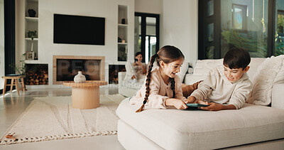 Buy stock photo Family, playful and tablet with kids on sofa in living room of home for learning or online gaming. App, development and sharing with sibling children in apartment together for education or streaming