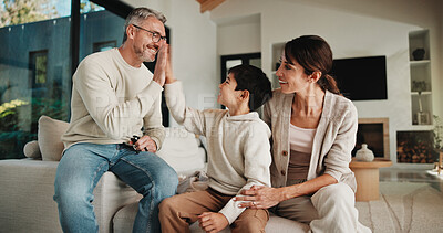 Buy stock photo Mother, child and high five with doctor at house for checkup, friendly interaction and medical support. Woman, kid and celebration for pediatric consultation, encouragement and healthcare recovery