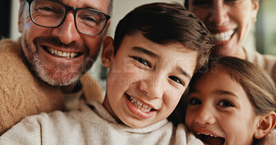 Buy stock photo Portrait, love and happy kids with parents, family connection and laugh for bonding together at home. Children, mother and father with siblings, smile and excited in apartment for development