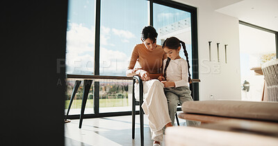 Buy stock photo Daughter, mother and writing  in home living room for creative, education or learning. Drawing, homeschool and study with single parent woman teaching girl student in apartment for homework task