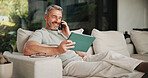 Phone call, smile and tablet for remote work with man on sofa in home living room as freelancer. App, conversation and research with mature person in apartment for report or review as happy employee