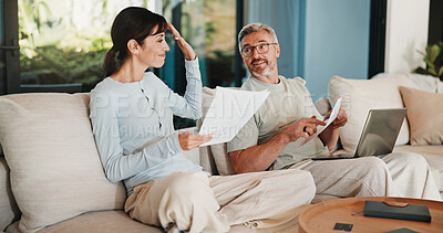 Buy stock photo Couple, paperwork and high five with taxes in home with revenue increase, success or goals in lounge. Mature people, documents and happy with financial review, investment and profit in living room
