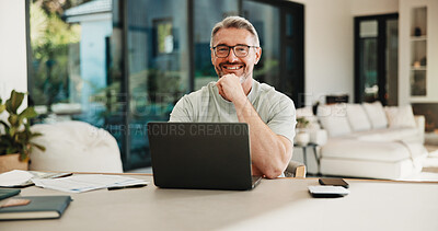 Buy stock photo Portrait, man and happy with laptop in home for research, finance report and budget income. Smile, mature person and pc for loan application, financial audit and online payment for household expenses