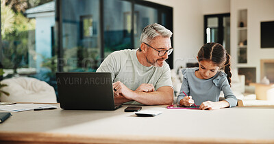 Buy stock photo Education, family and remote work dad with daughter in home for business or homework task. Laptop, learning and writing with girl child and single parent man at counter for freelance or study