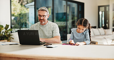 Buy stock photo Family, learning and remote work dad with daughter in home for business or homework task. Education, laptop and writing with girl child and single parent man at counter for freelance or study