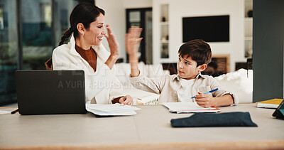 Buy stock photo Education, high five and remote work mother with son in home for business or homework task. Laptop, learning and success with boy child and single parent woman at counter for freelance or study