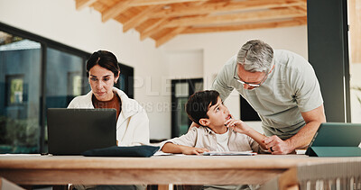 Buy stock photo Education, family and remote work parents with son in home for business or homework task. Laptop, learning and writing with child, mother and father at apartment table for freelance or study