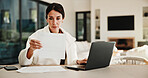 Woman, reading and document with laptop at house for research, finance report and budget income. Mature person, invoice and pc for loan application, financial audit and payment for household expenses