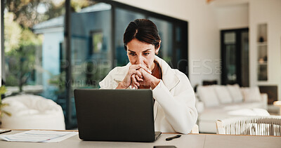 Buy stock photo Laptop, stress and thinking with wfh woman at table in home for deadline pressure or tension. Anxiety, computer and reading with mature person in apartment for online problem solving or remote work
