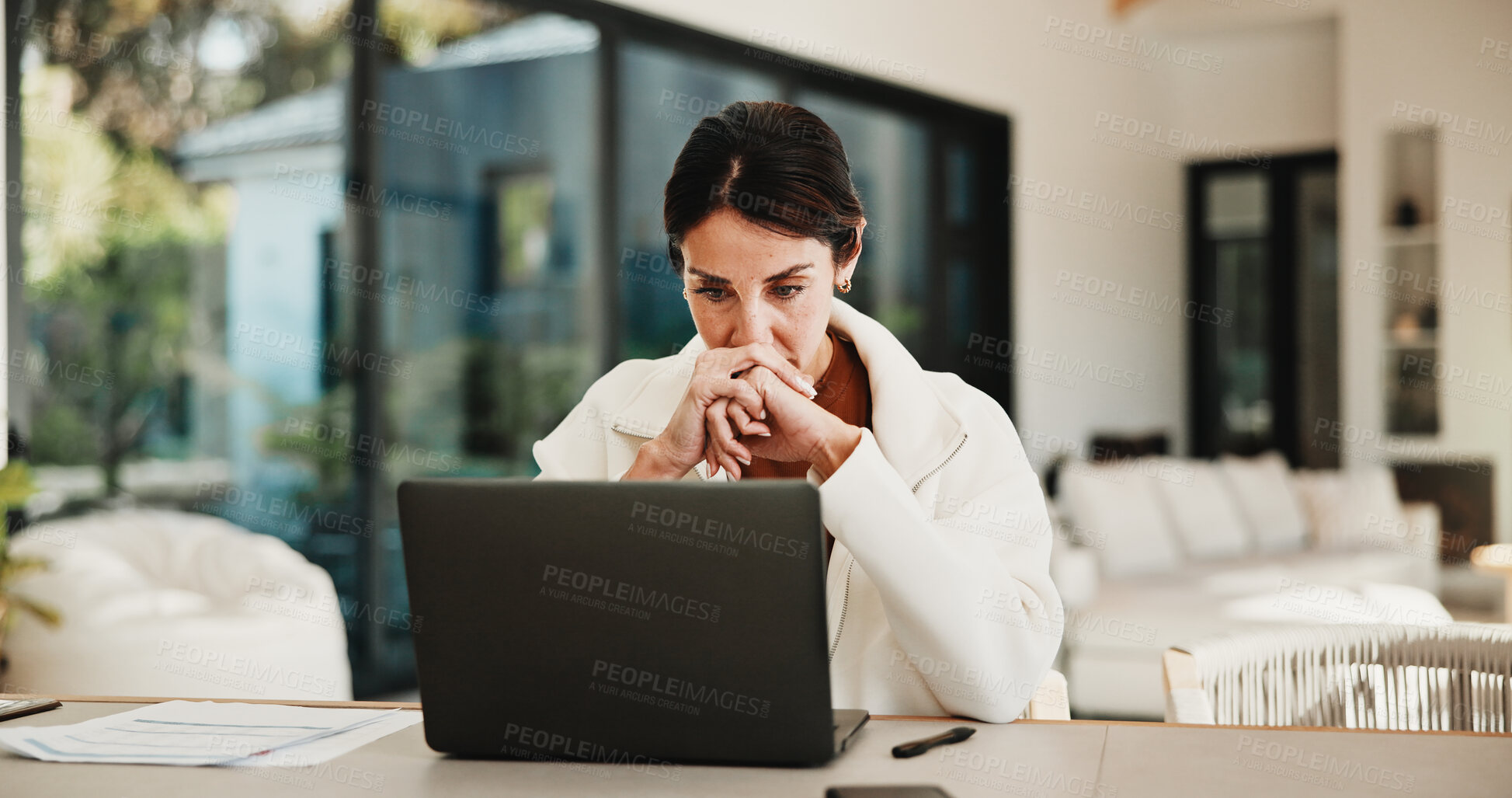 Buy stock photo Laptop, stress and thinking with wfh woman at table in home for deadline pressure or tension. Anxiety, computer and reading with mature person in apartment for online problem solving or remote work