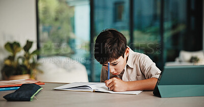 Buy stock photo Homeschool, writing and child in home with tablet, online activity and document for academic app. Homework, tech and boy in house with website, digital lesson or assessment in remote education