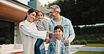 Happy, outdoor and portrait of family by new home for bonding, connection or property investment. Smile, love and parents with children in backyard for relocation with real estate together by house.